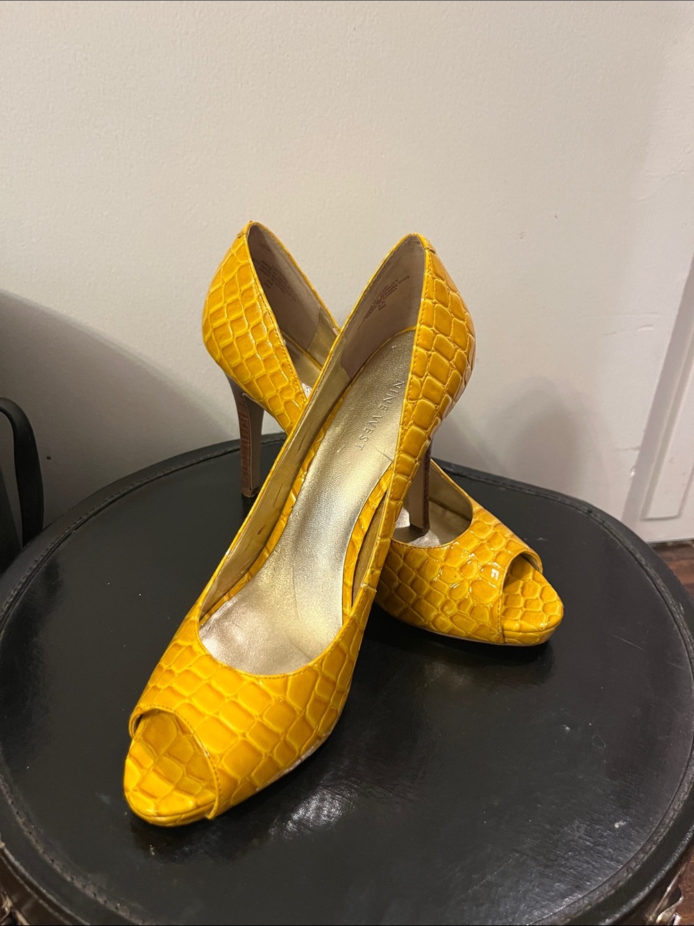 Nine West Yellow Croc-Embossed Peep Toe Pumps